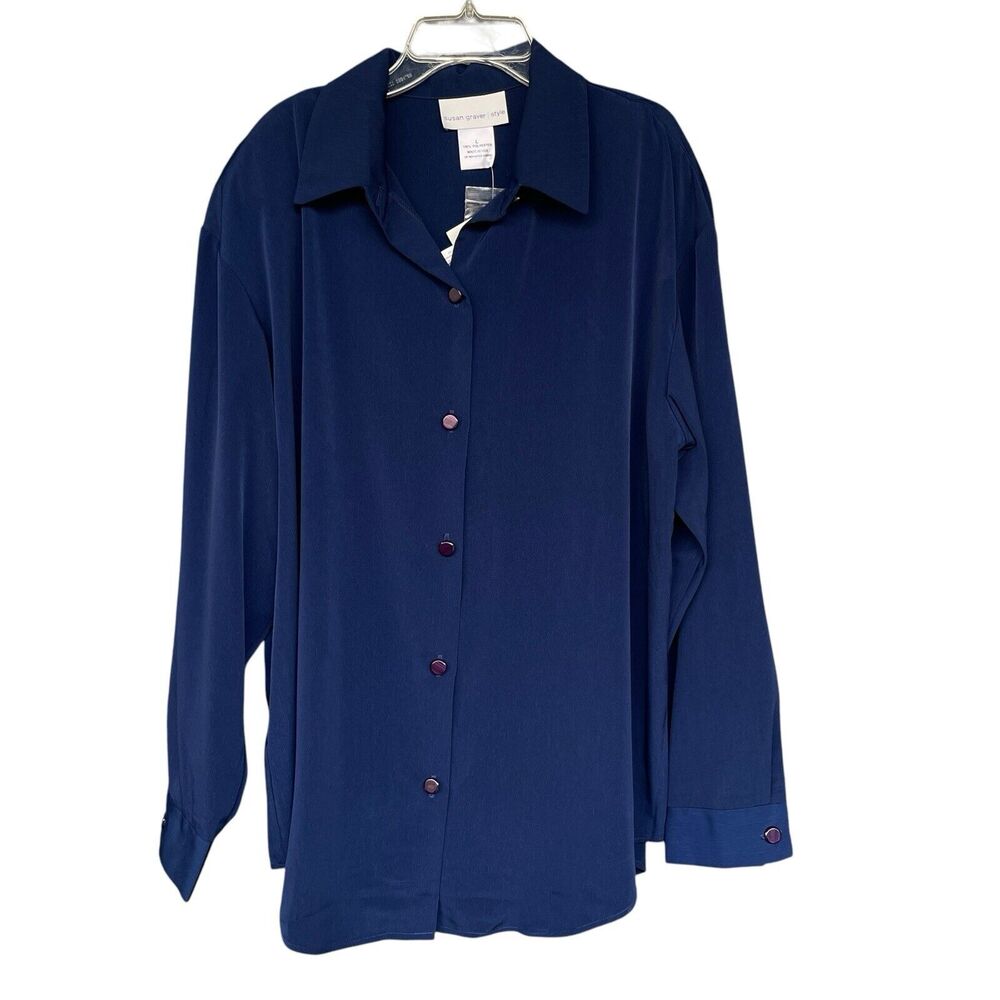 QVC Susan Graver Womens Button Up Large Shoulder Pads Flowy Navy Blue USA‎